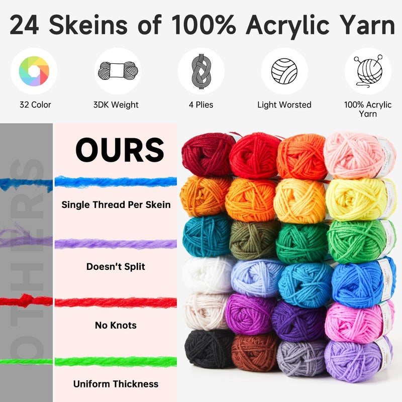 Inscraft Crochet Kit for Beginners Adults Kids - Great Knitting Starter Kit for Colorful Craft for Professionals, Make Amigurumi Projects Includes 24 Colors Yarn, Hooks, Instructions, a Durable Bag - Image 4